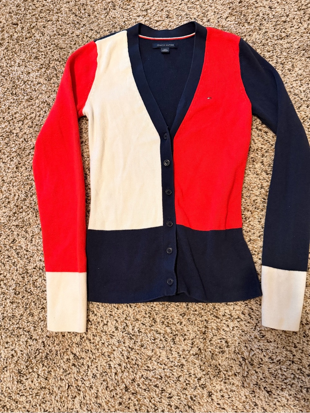 Tommy Hilfiger Colorblock V-Neck Cardigan - Red, Navy & Cream